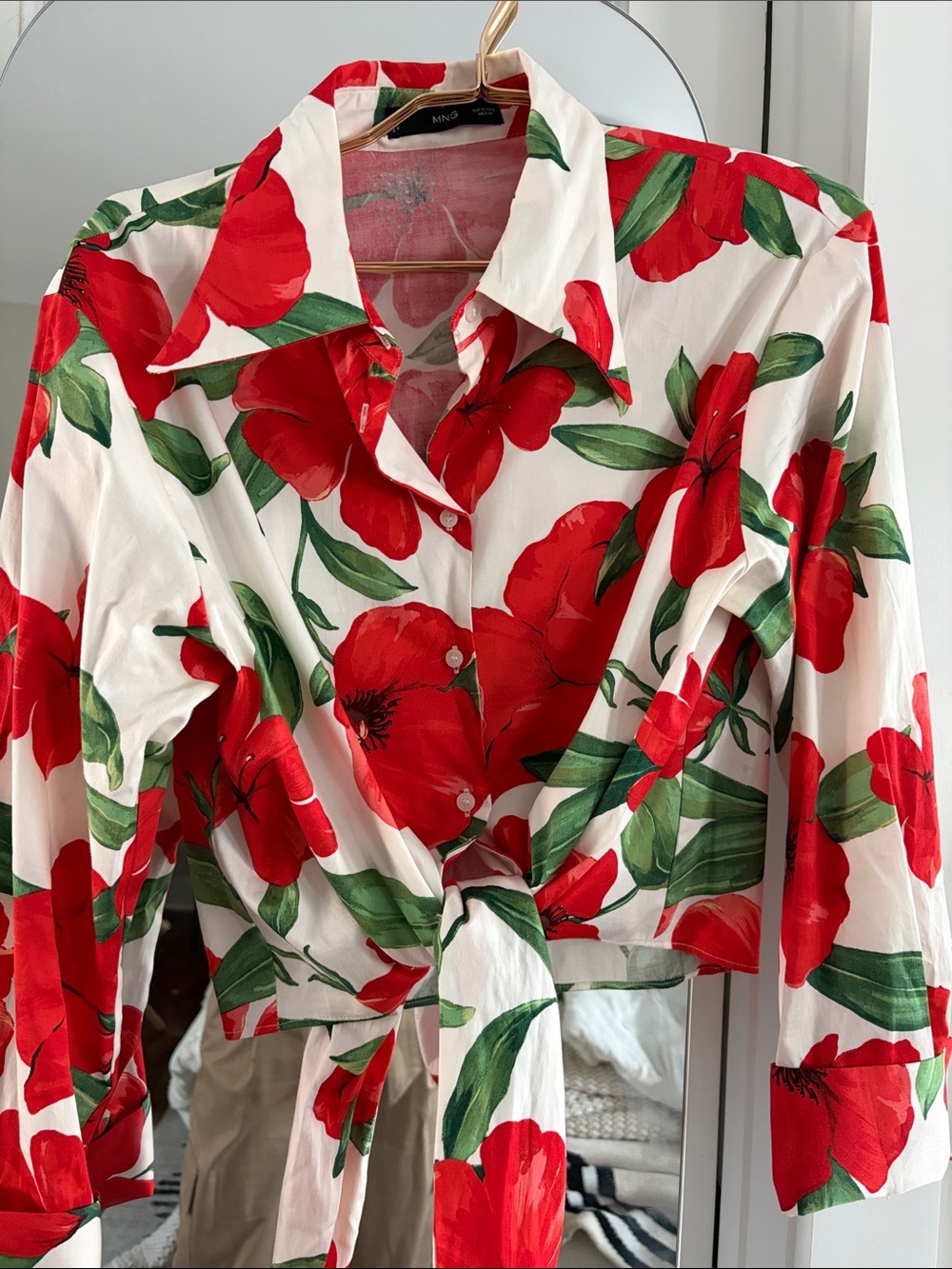 MANGO Floral Tie-Front Blouse - Red & Green